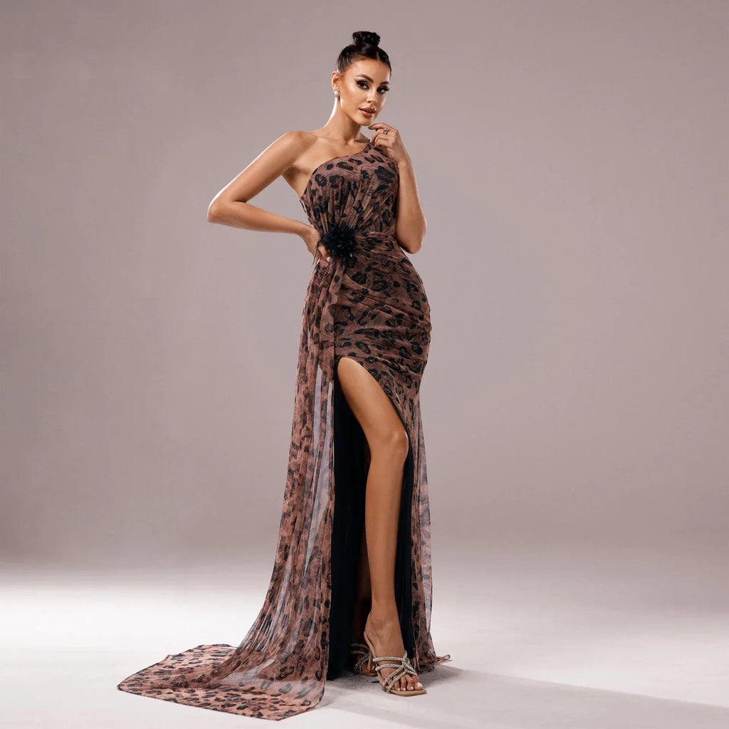 One-shoulder Diagonal Collar Leopard Sequined Evening Dress - DanaFashionstore
