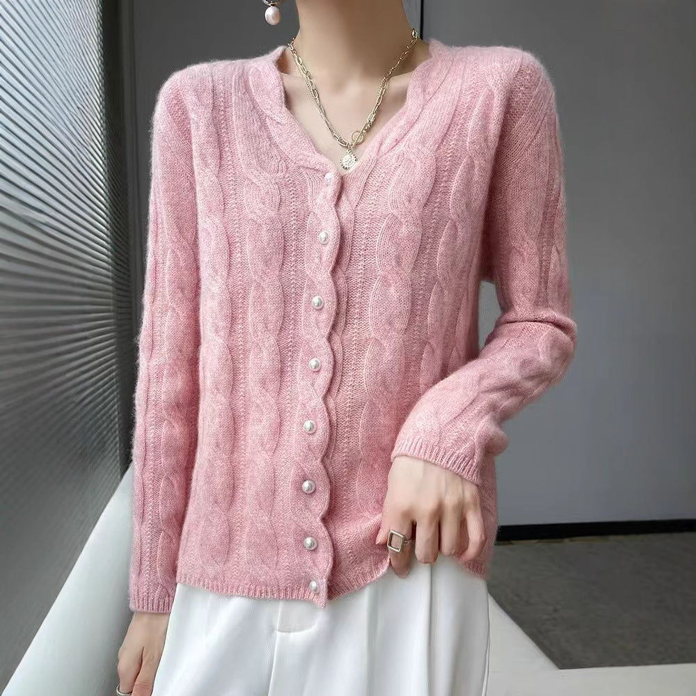 Twisted Pearl-Button V-Neck OuterwearLayering Top Knitted Sweater Jacket