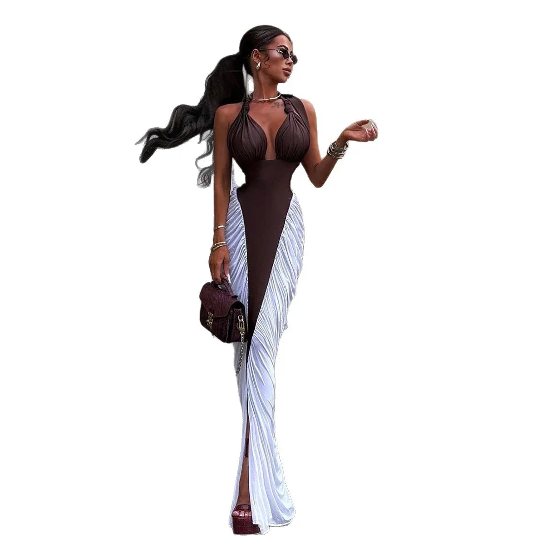 Autumn And Winter New Color Contrast Patchwork Halter Lace-up Dress - DanaFashionstore