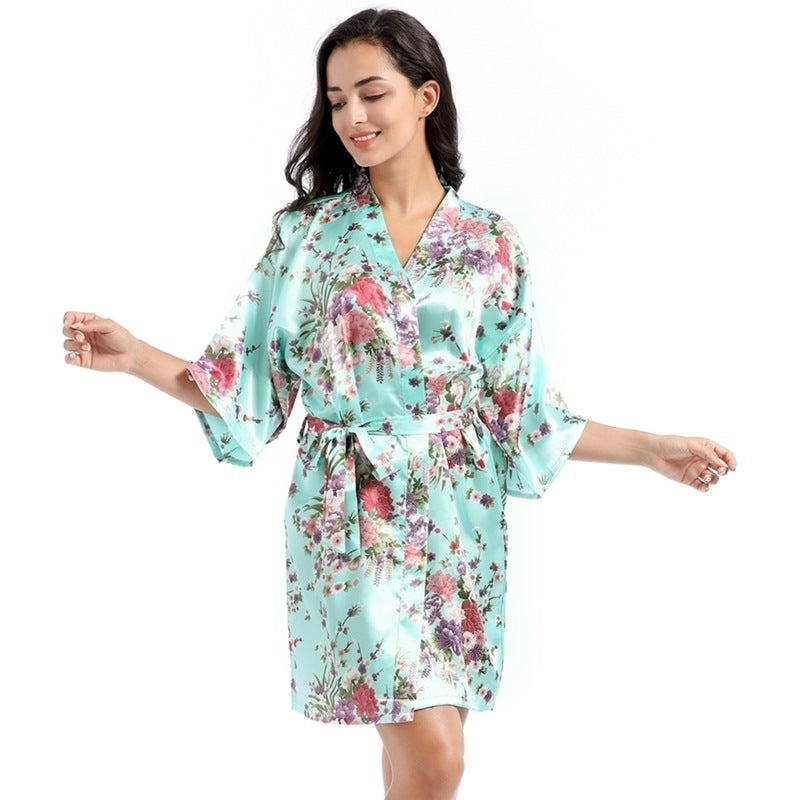 Home Short Cardigan Nightgown Plus Size Loose Silk Printing Morning Gowns - Dana Fashion