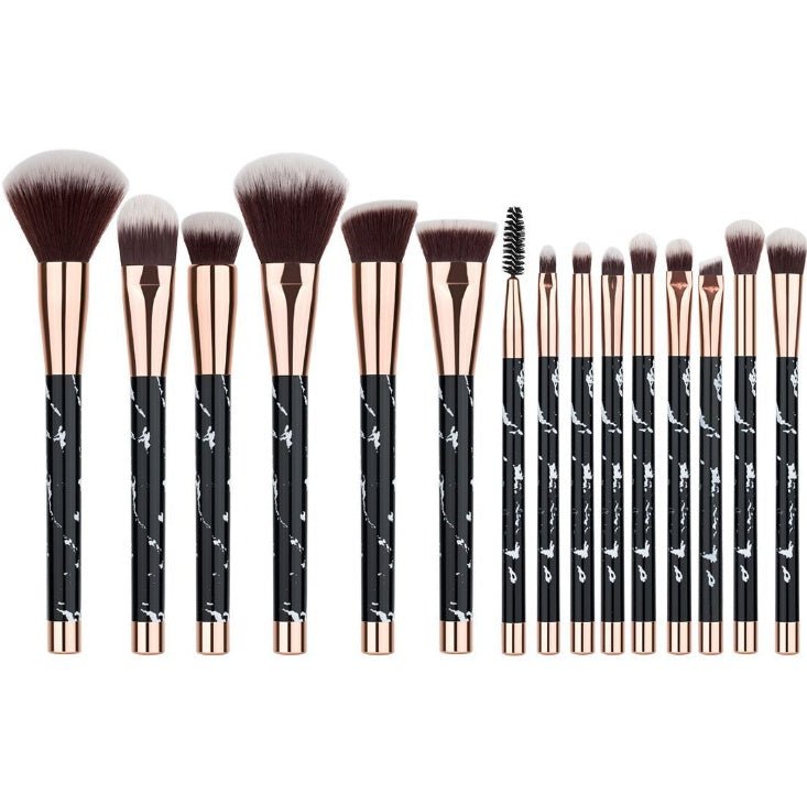 11 sets of marble makeup brush with makeup brush beauty makeup kit 11 makeup brush sets $25.00 Dana Fashion Color: Black makeup Handle material: plastic Brush Material: Horse Hair, Synthetic Hair Material: Synthetic hair Quantity: 15pcs make up brushes Us