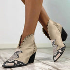 Block-heel rivet color-block snake print ankle boots - DanaFashionstore