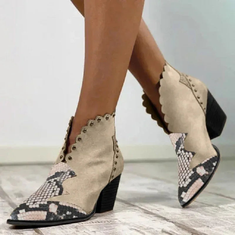 Block-heel rivet color-block snake print ankle boots - DanaFashionstore