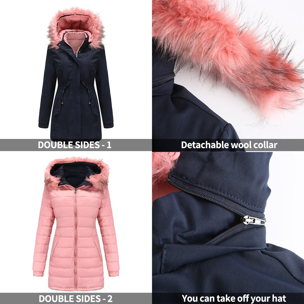 Double-sided Detachable Fur Collar Hat Quilted Parka