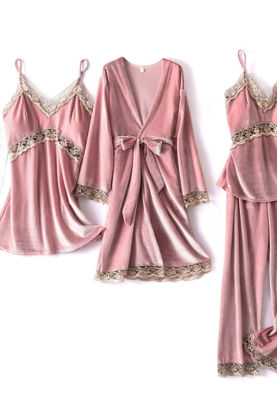 Sexy sling velvet 4-piece long-sleeved nightgown with chest pad home service women - Dana Fashion