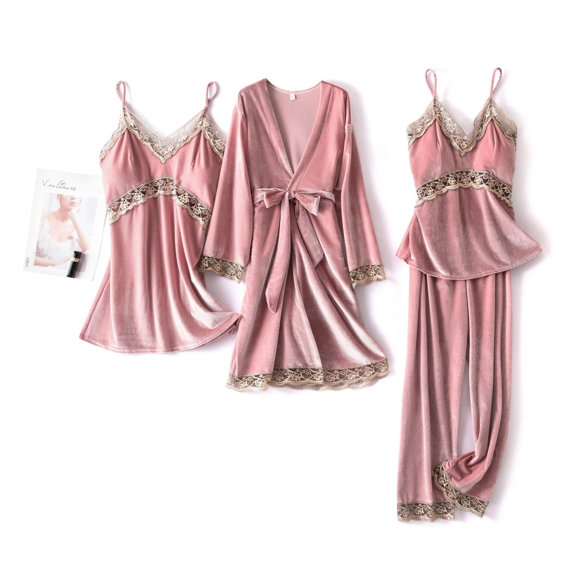 Sexy sling velvet 4-piece long-sleeved nightgown with chest pad home service women - Dana Fashion