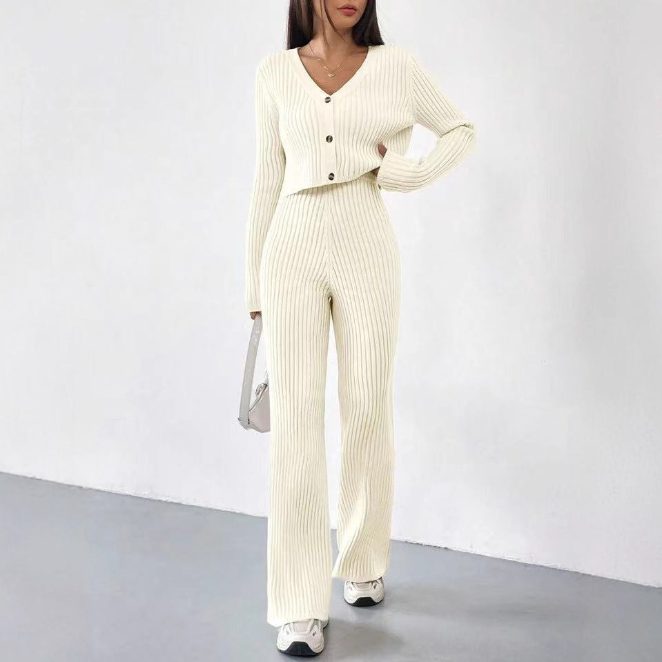 Solid Color Knitted Two-piece Women's V-neck Short Knitted Cardigan Bootcut Trousers Versatile Casual Women's Clothing