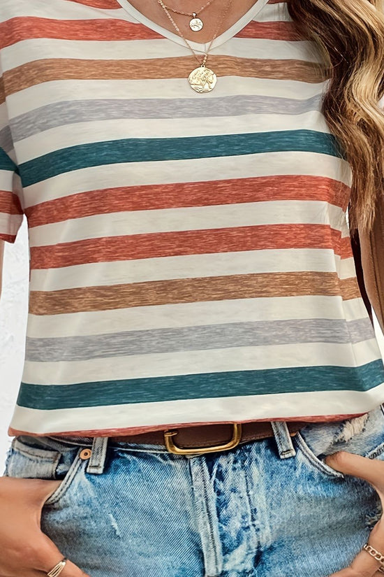 Casual Top Fashion Trend Stripes Short Sleeve Women V-neck