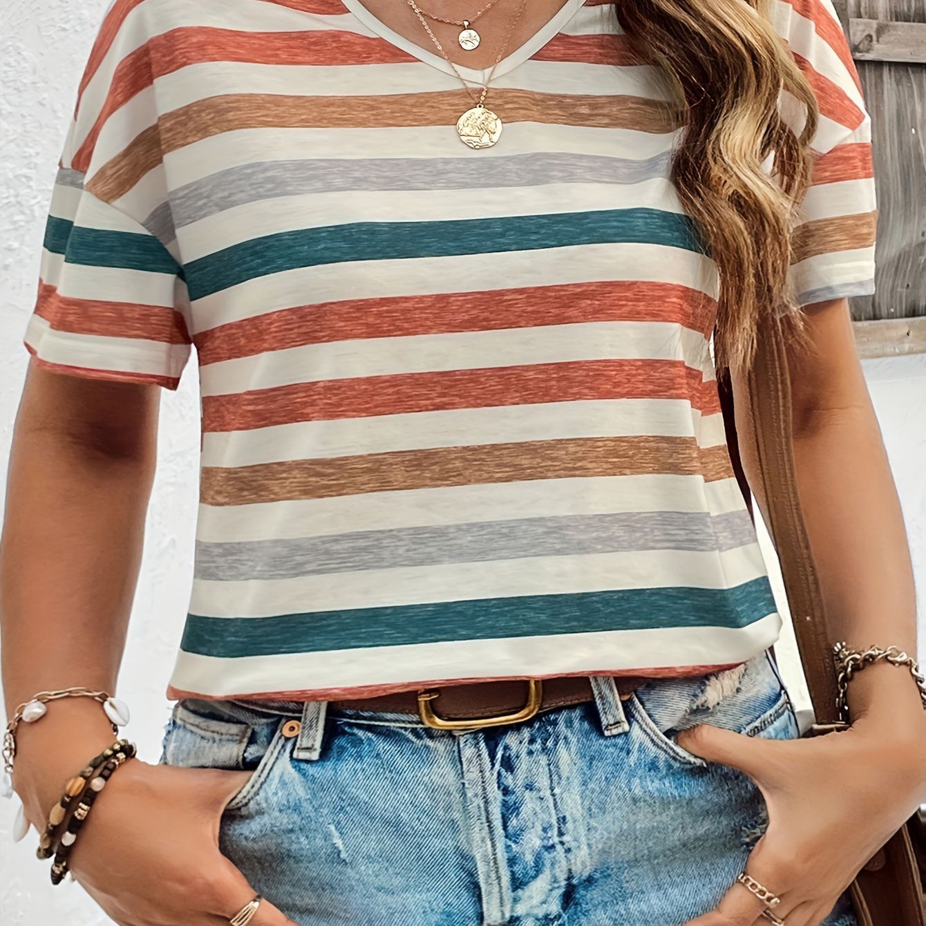Casual Top Fashion Trend Stripes Short Sleeve Women V-neck