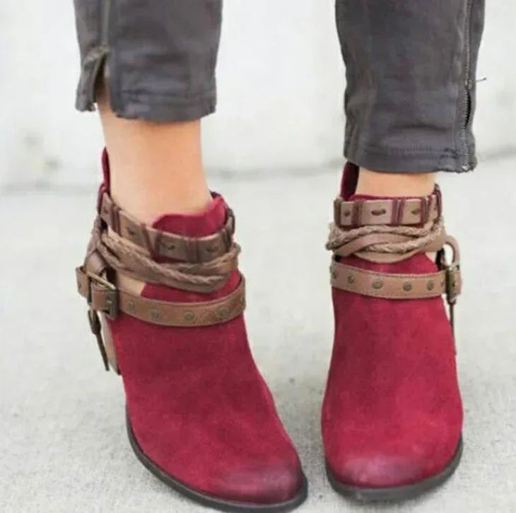 High-heeled Martin boots rivet belt buckle thick with round head boots - DanaFashionstore