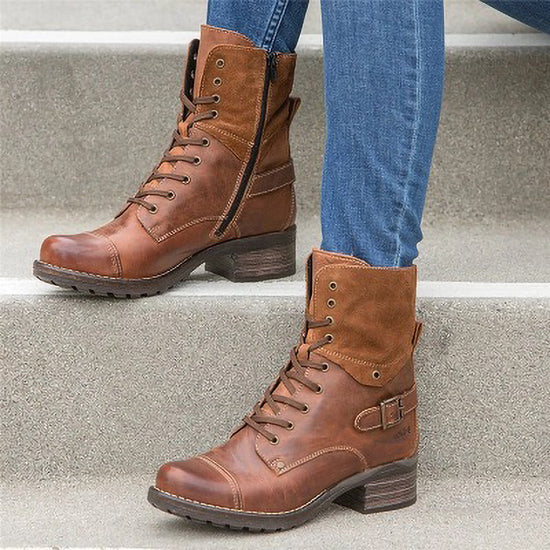 Casual Low-Heeled Round Toe Cross Lace-Up Ankle Boots