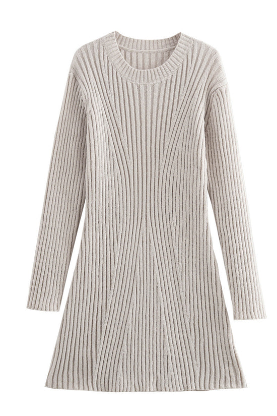 Fashion Solid Ribbed Knitted Dress Fall And Winter Slim-fit Stand-up Collar A-line Dresses Women's Clothing