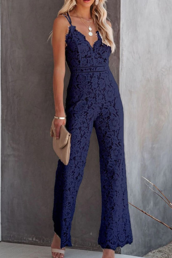 Solid Color Lace Stitching Sleeveless Casual Suspender Jumpsuit