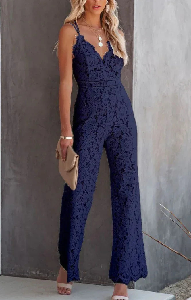 Solid Color Lace Stitching Sleeveless Casual Suspender Jumpsuit - DanaFashionstore