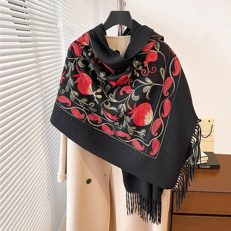 Contrast Color Pomegranate Leaf Embroidered Double-sided Shawl - DanaFashionstore