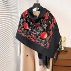 Contrast Color Pomegranate Leaf Embroidered Double-sided Shawl - DanaFashionstore