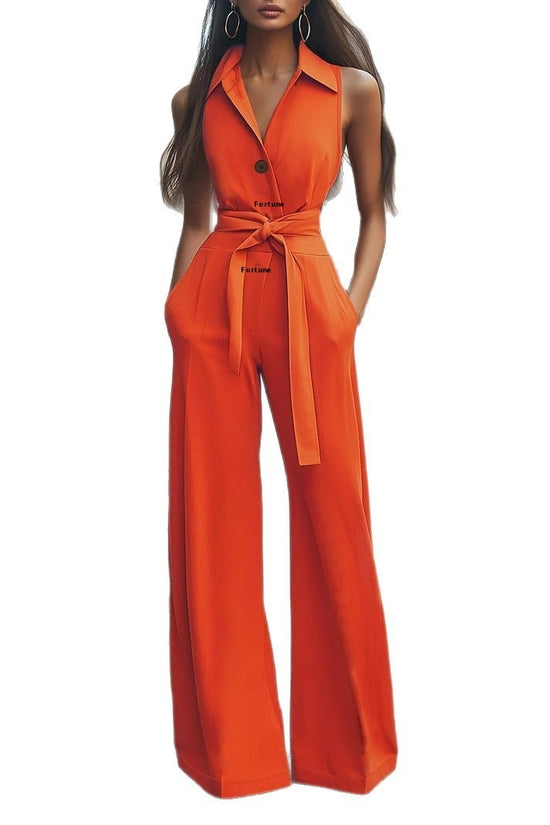 Women's Blouse Collar Solid Color Wide Leg Jumpsuit