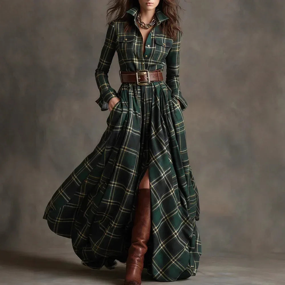 Ins Plaid Print Long-Sleeved Dress Fashion Pockets Collared Buttons Shirt Long Dresses Retro Women's Clothing - DanaFashionstore