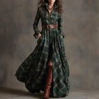 Ins Plaid Print Long-Sleeved Dress Fashion Pockets Collared Buttons Shirt Long Dresses Retro Women's Clothing - DanaFashionstore