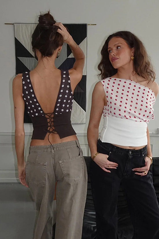 Polka Dots Print Oblique Shoulder Tops Summer Patchwork Chiffon Crop Top Women Sexy Sleeveless Lace Up Backless Blouse Casual Streetwear Tee