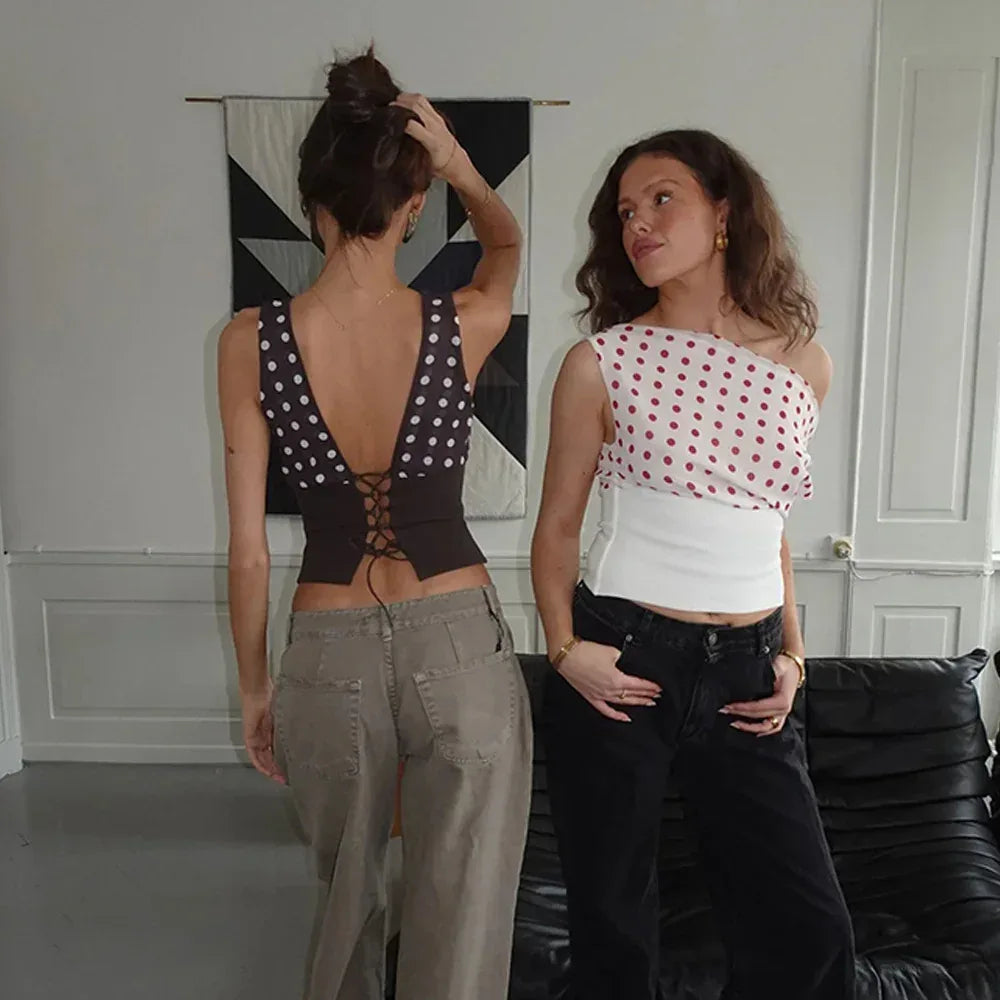 Polka Dots Print Oblique Shoulder Tops Summer Patchwork Chiffon Crop Top Women Sexy Sleeveless Lace Up Backless Blouse Casual Streetwear Tee - DanaFashionstore