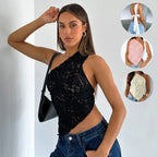 Ins Lace Backless Top Summer Solid Color Waistless Asymmetrical Sloped Neck Vest Streetwear Womens Clothes - DanaFashionstore