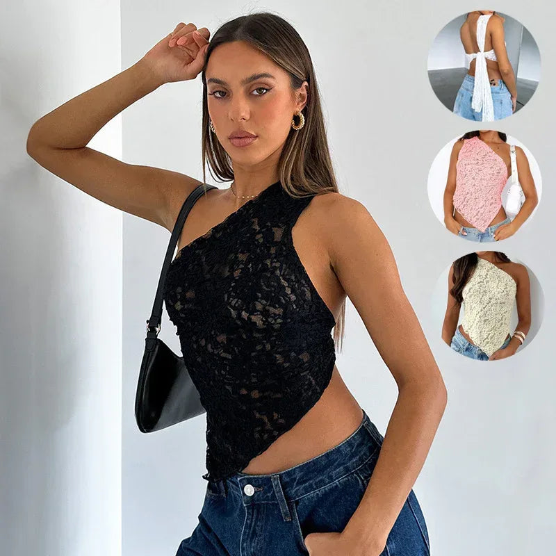 Ins Lace Backless Top Summer Solid Color Waistless Asymmetrical Sloped Neck Vest Streetwear Womens Clothes - DanaFashionstore