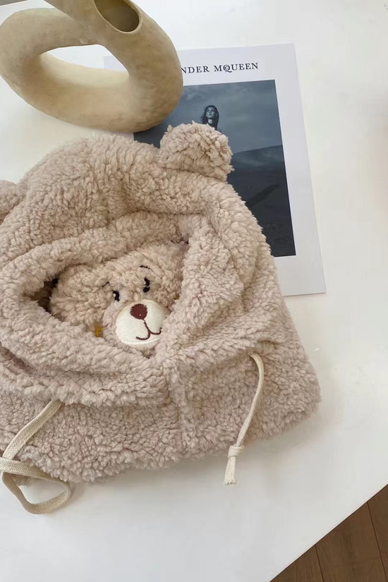 Cute Bear Plush Hat Winter Warm Thickened Scarf With Mask Anf Drawstring Design