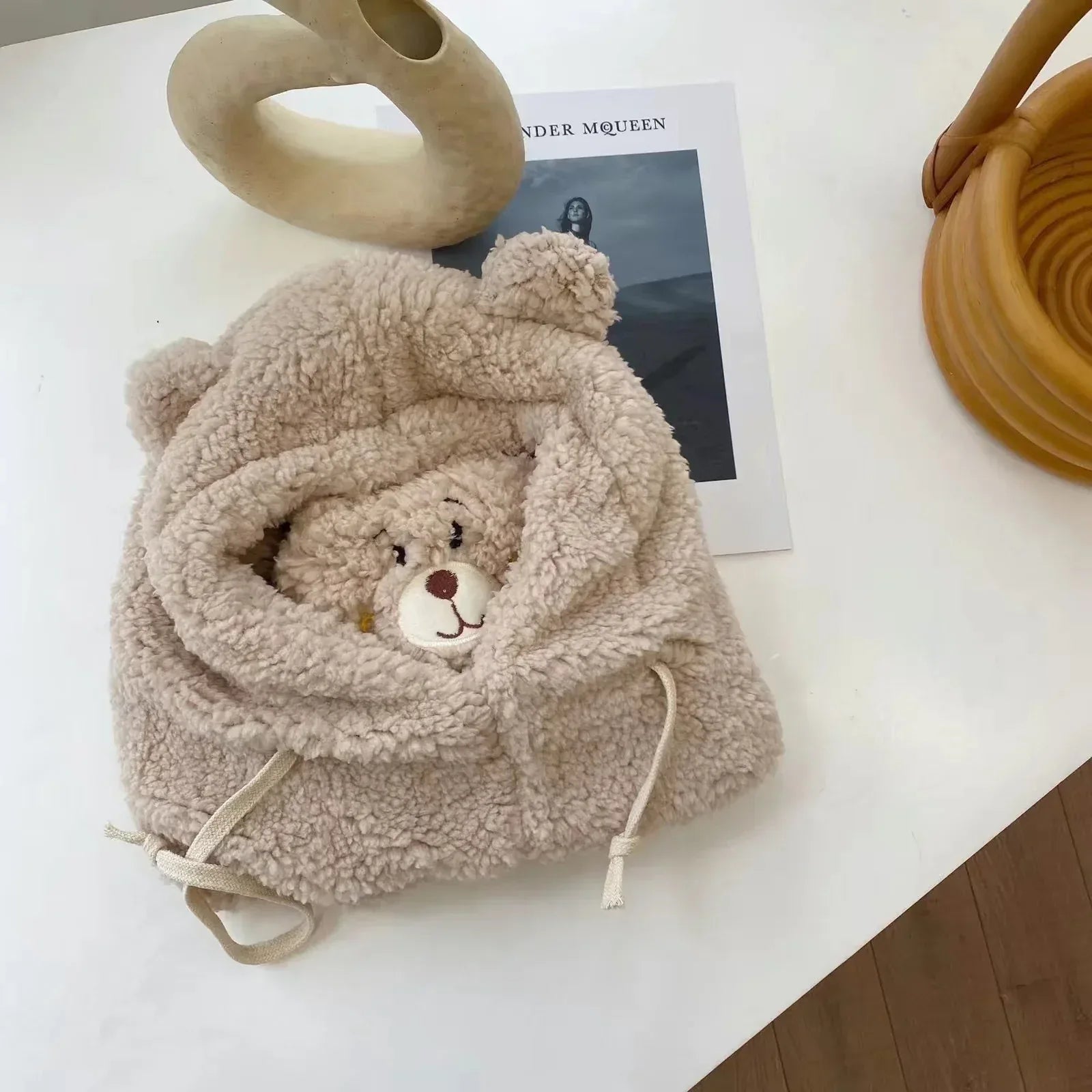 Cute Bear Plush Hat Winter Warm Thickened Scarf With Mask Anf Drawstring Design - DanaFashionstore