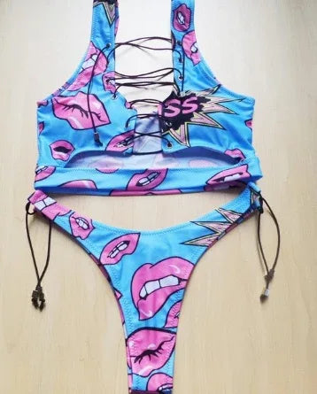 Pineapple Bikini for big boob Women Lace Up Swimwear Thong bikini set two pieces Swimsuit Bathing Suit female - DanaFashionstore