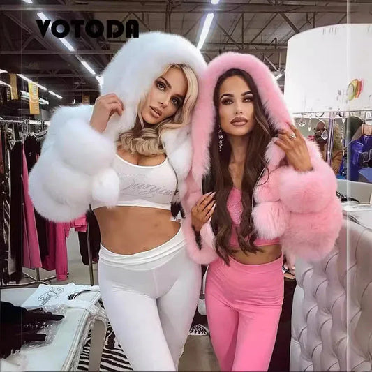 Short Hooded Faux Fur Long Sleeve Coat - DanaFashionstore