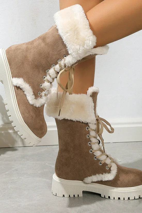 Winter Lace-up Snow Boots For Women Mid-tube Fleece Shoes Warm Chunky Heels Plush Boot - DanaFashionstore