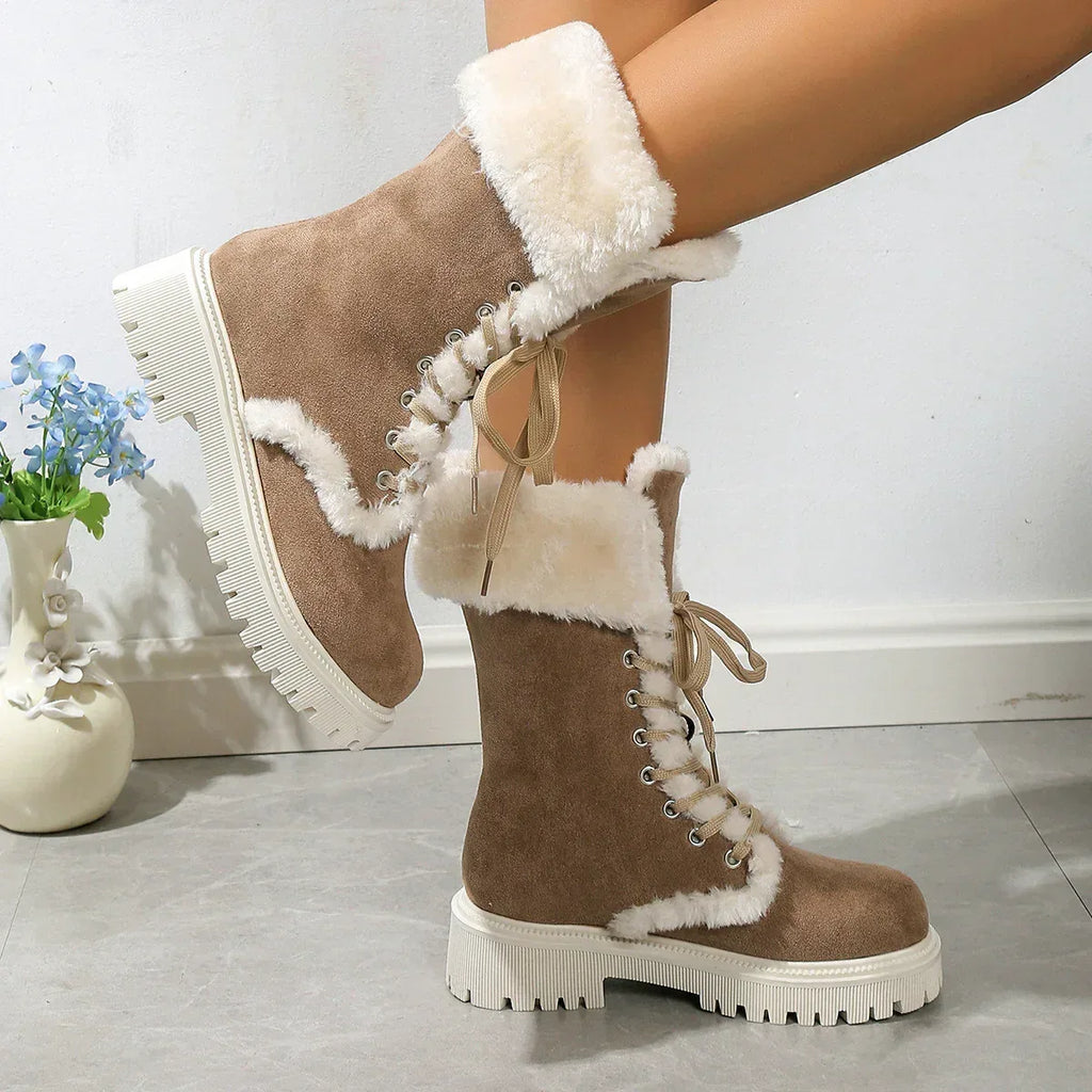 Winter Lace-up Snow Boots For Women Mid-tube Fleece Shoes Warm Chunky Heels Plush Boot - DanaFashionstore