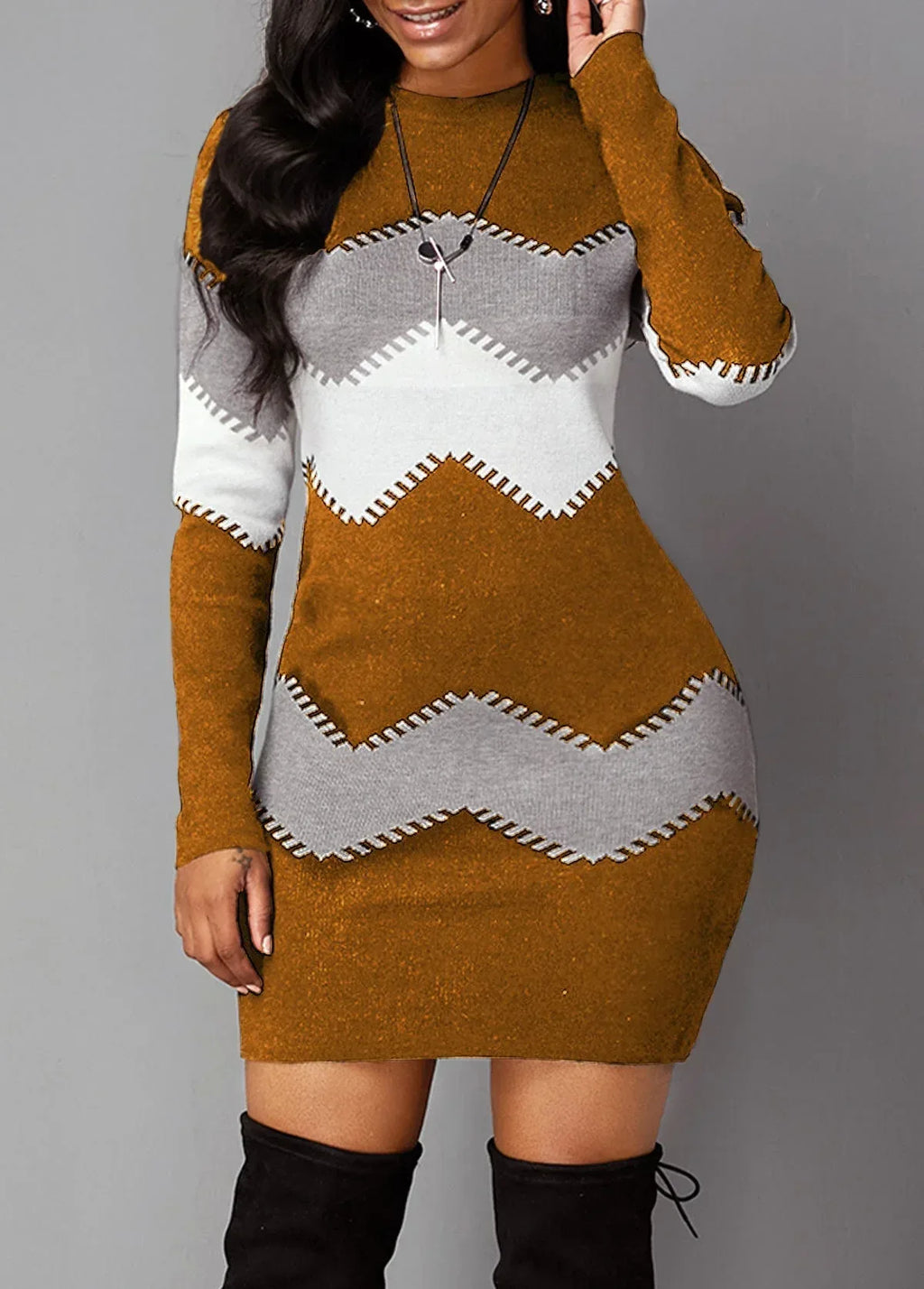Mid-length Round Neck Long-sleeved Knit Bag Hip Bottoming Dress - DanaFashionstore