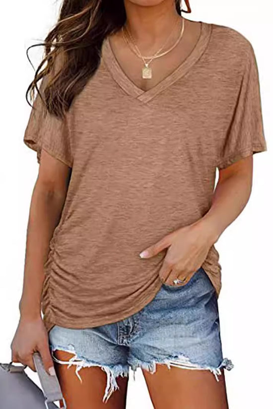 European And American T-shirt Solid Color Casual Loose-fitting V-neck Top