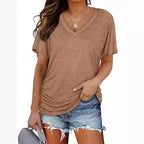 European And American T-shirt Solid Color Casual Loose-fitting V-neck Top - DanaFashionstore