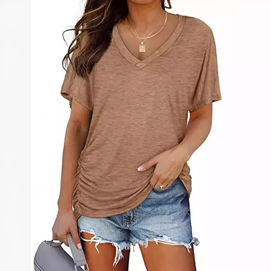 European And American T-shirt Solid Color Casual Loose-fitting V-neck Top - DanaFashionstore