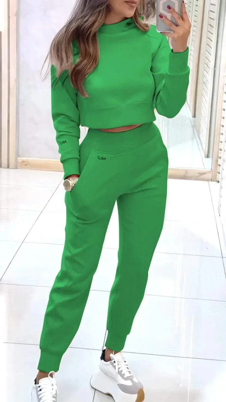 Stand Collar Sports Suit Fashion Pullover Long-sleeves Short Top And Slim Trousers With Pockets Solid Outfits Women's Clothing - DanaFashionstore