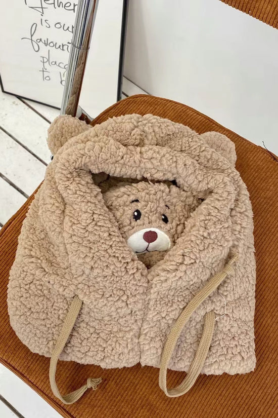 Cute Bear Plush Hat Winter Warm Thickened Scarf With Mask Anf Drawstring Design