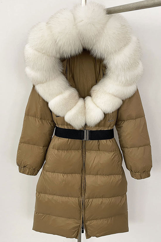 Women's Long Cinched Hoodie Real Fox Fur Collar Coat