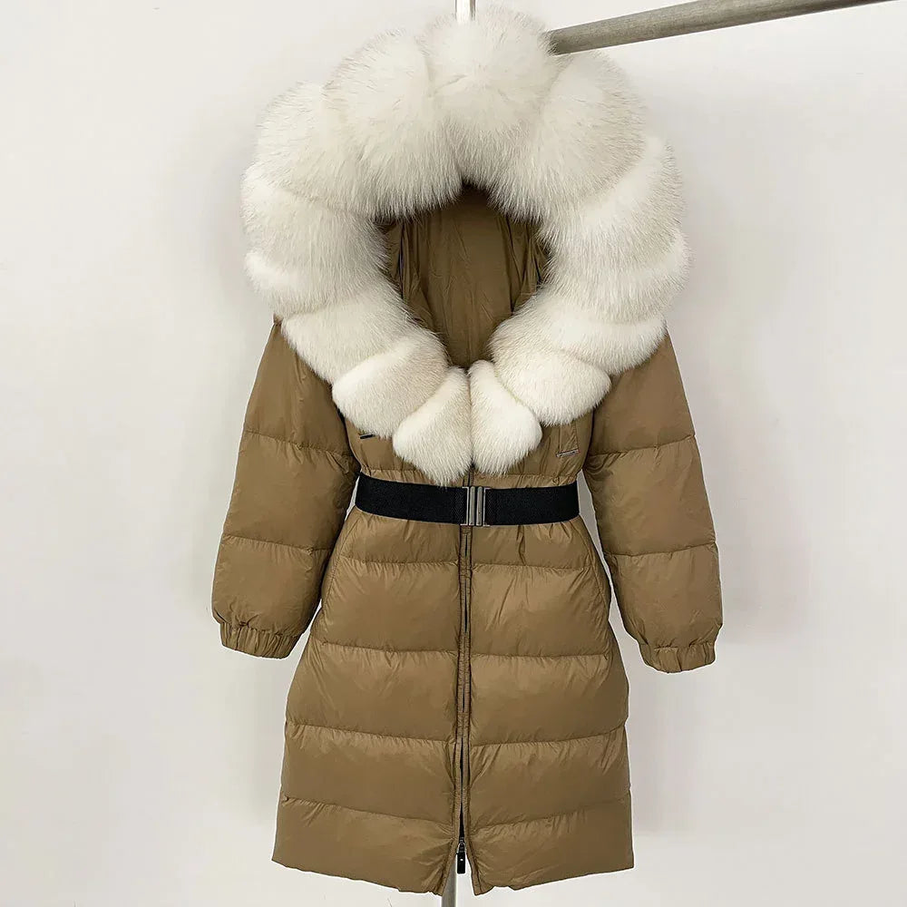 Women's Long Cinched Hoodie Real Fox Fur Collar Coat 2026 - Winter Jacket - DanaFashionstore