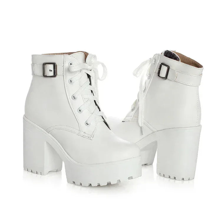 Sponge cake chunky heel plus size lace-up Martin boots - DanaFashionstore