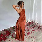 Sexy One-shoulder Backless Slit Dress Summer Elegant Slim-fit Solid Color Satin Dresses For Women - DanaFashionstore