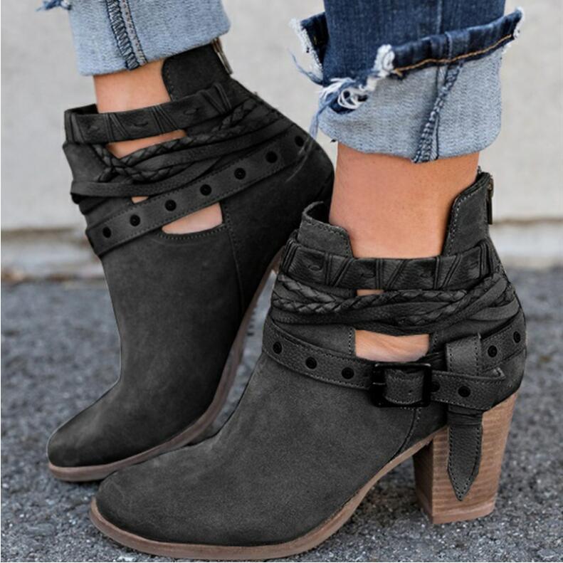 High-heeled Martin boots rivet belt buckle thick with round head boots - DanaFashionstore