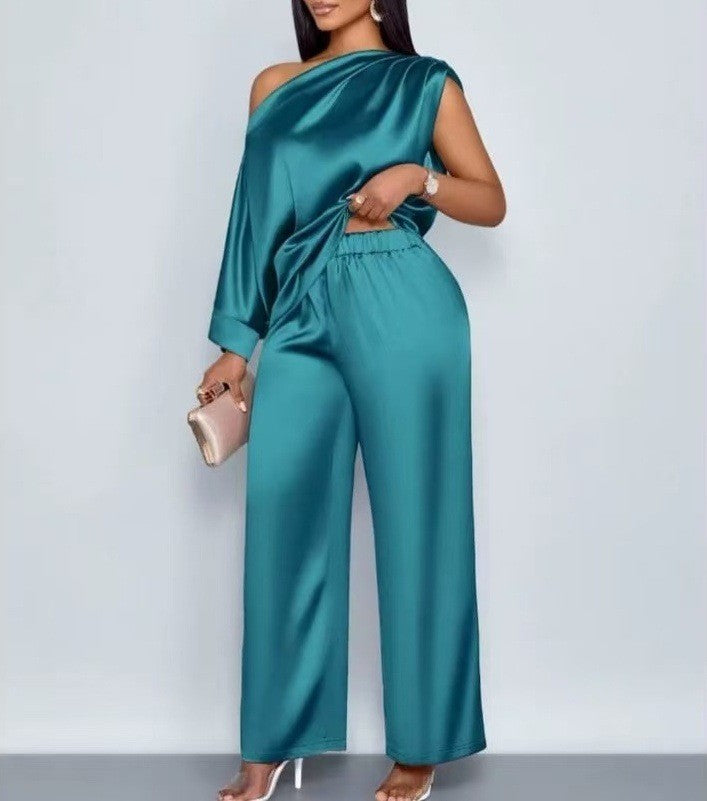 Spot 2026 European And American Cross-border Summer Casual Women's Satin Suit Slanted Collar Short-sleeved Top Trousers Set