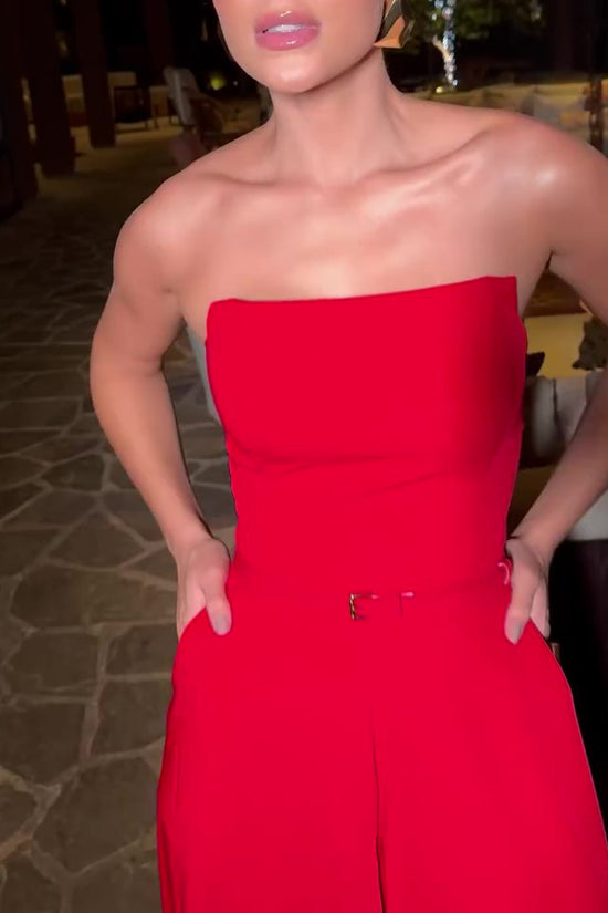 Red Tube Top Wide Leg Jumpsuit