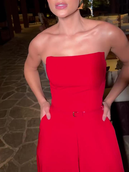 Red Tube Top Wide Leg Jumpsuit