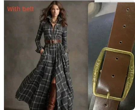 Ins Plaid Print Long-Sleeved Dress Fashion Pockets Collared Buttons Shirt Long Dresses Retro Women's Clothing - DanaFashionstore