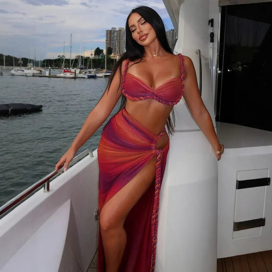 Sexy Fashion Beach Swimsuit Woven Halter Top Top Split Skirt Suit - DanaFashionstore