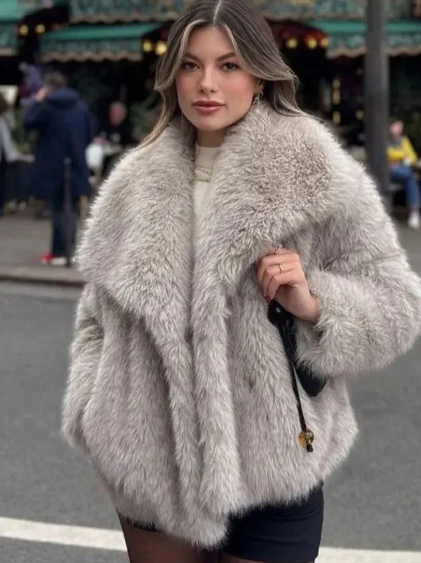 Winter Plush Coat Fashion Warm Thicken Fluffy Lapel Jacket Outwear Casual Long Sleeve Tops Womens Clothing - DanaFashionstore